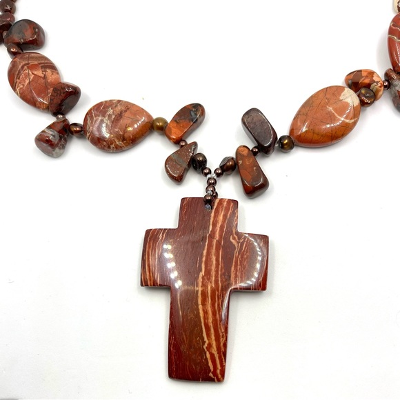 Red Jasper Necklace Natural Gemstones- AAA Nugget Bronze Color Freshwater Pearl - Picture 9 of 14